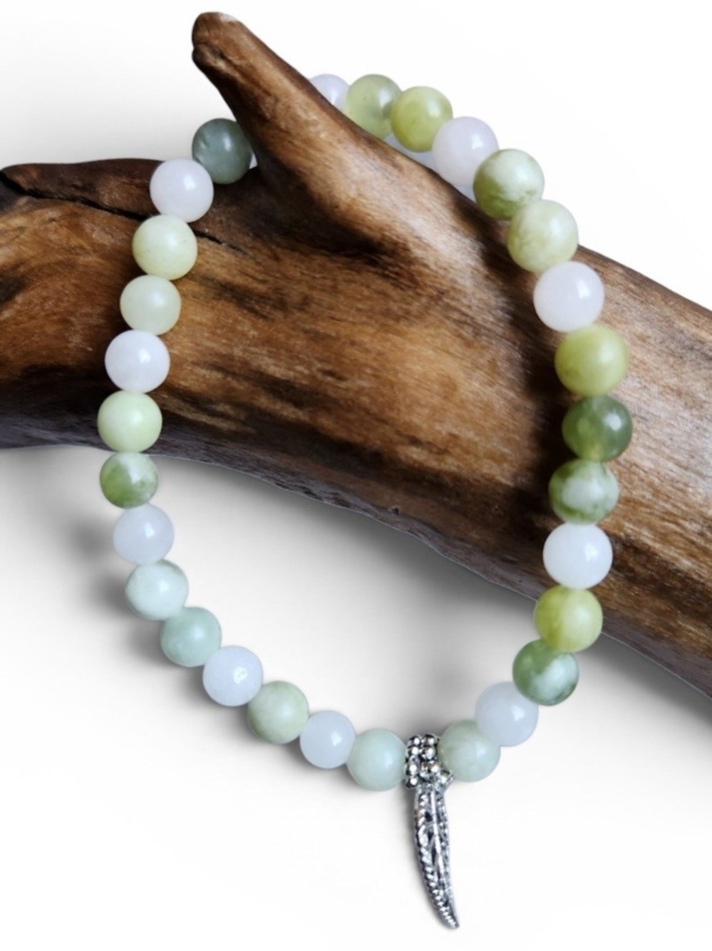 Green Jade And Quartz Beaded Bracelet With Silver Leaf Charm